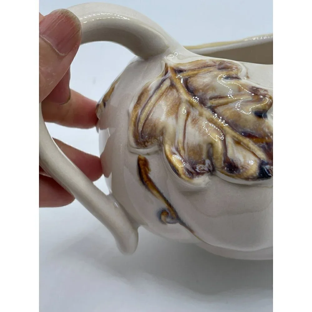 Pier 1 Hand Painted Stoneware Autumn Leaves Ribbed Handled Gravy Boat Creamware